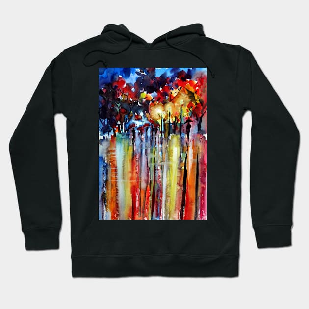 Red umbrellas at night Hoodie by kovacsannabrigi